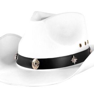 White cowboy/cowgirl hat with black ribbon and silver detailing